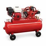 Mirage MY2065Q200 gasoline engine air compressor with red 200L horizontal tank and belt-driven twin-cylinder pump on white background
