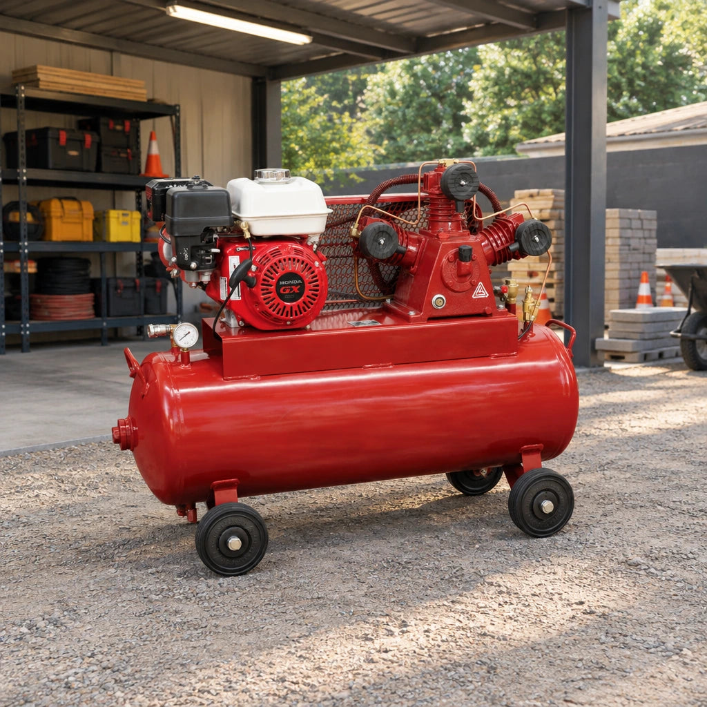 Mirage MY2065Q200 mobile gasoline air compressor parked beside an organised construction-maintenance shelter
