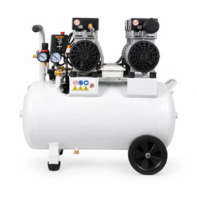 Mirage MY5002-50 silent oil-free electric air compressor with white 50L tank, dual-head pump, gauges and wheels on a white background