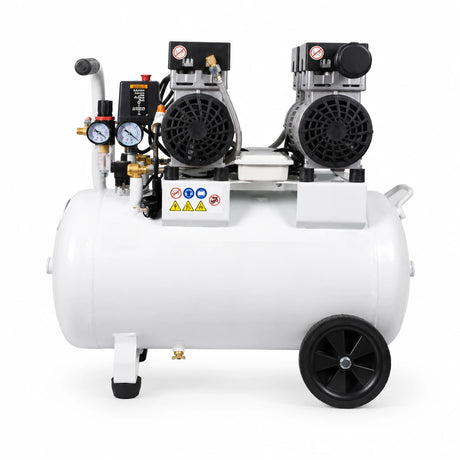 Mirage MY5002-50 silent oil-free electric air compressor with white 50L tank, dual-head pump, gauges and wheels on a white background
