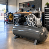 Completed belt-driven compressor with Mirage aluminium replacement pump installed in an organised fabrication workshop