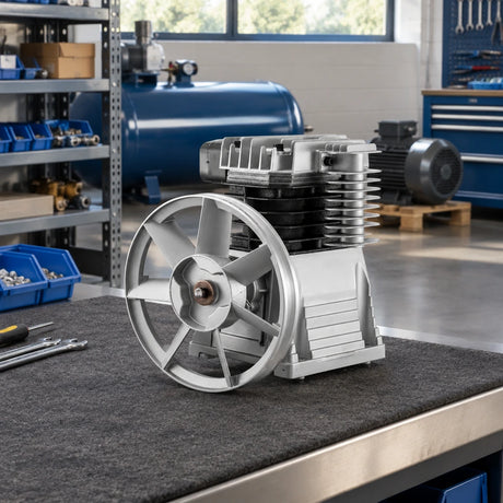 Mirage aluminium compressor replacement pump resting on a clean workshop bench beside compressor rebuild components