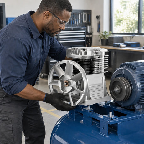 Technician aligning a Mirage single-head aluminium replacement pump on a belt-driven compressor assembly in a workshop