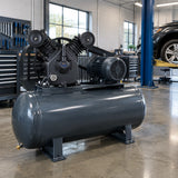 Completed belt-driven workshop compressor with the Mirage MY2105VWT replacement pump ready for fabrication work