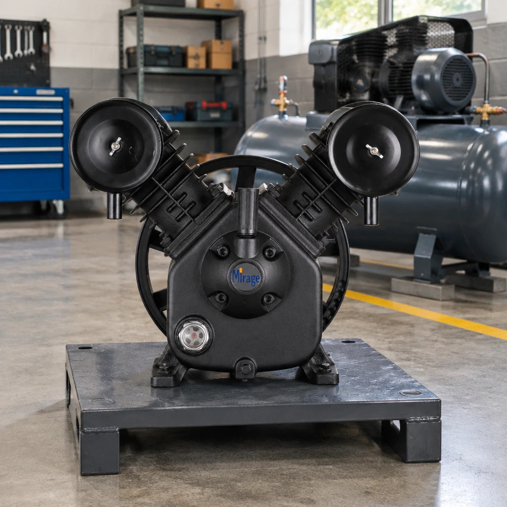 Mirage MY2105VWT cast-iron compressor pump resting beside a compatible compressor rebuild station in a clean fabrication shop