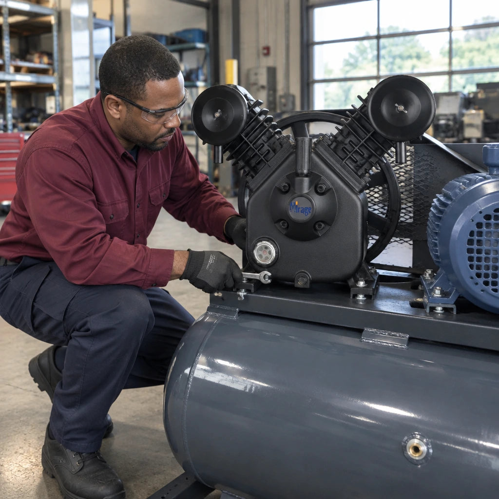 Technician installing a Mirage MY2105VWT twin-head compressor pump onto a compatible belt-driven compressor assembly