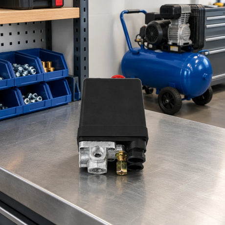Mirage PS4/5001 pressure switch resting on an organised compressor maintenance bench