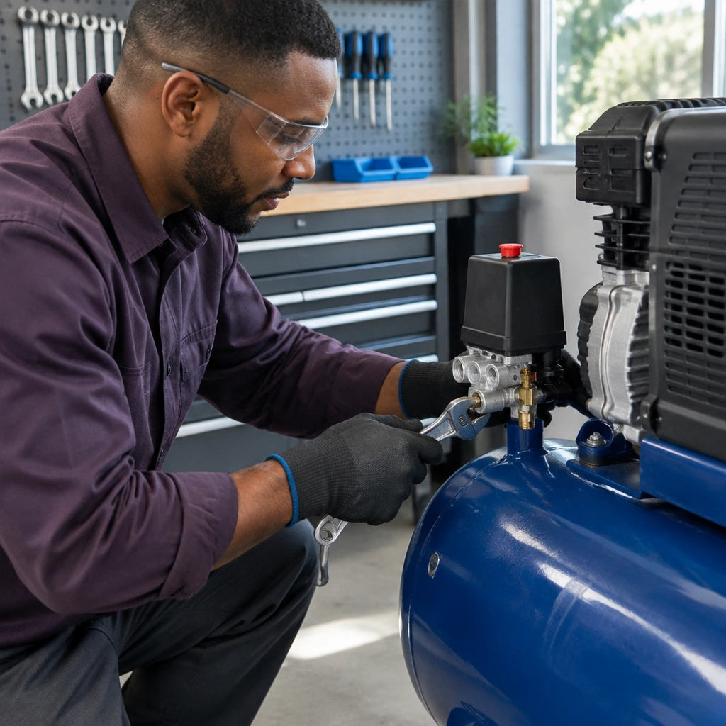 African American maintenance technician fitting a Mirage PS4/5001 pressure switch to a workshop air compressor