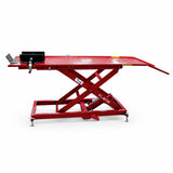 Mirage PL-MT06 red 362kg pneumatic motorcycle scissor lift isolated on a white background.