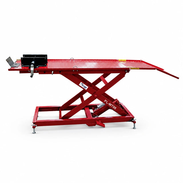 Mirage PL-MT06 red 362kg pneumatic motorcycle scissor lift isolated on a white background.