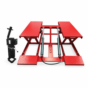 Mirage red parallel-platform scissor vehicle lift with hydraulic power unit on white background