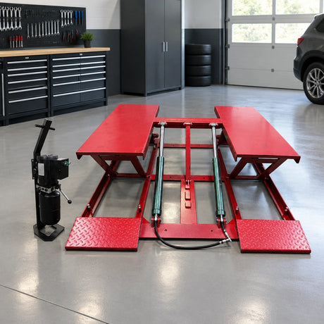 Mirage parallel-platform scissor vehicle lift parked in a clean automotive inspection bay
