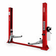 Mirage PL-4.0-2D red 4-ton floor-plate two-post vehicle lift with swing arms and control assembly on a white background