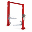 Mirage PL-4.0-2DA red 4-ton clear-floor two-post vehicle lift with overhead crossbeam and control unit on white background