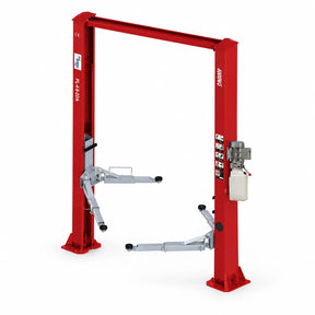 Mirage PL-4.0-2DA red 4-ton clear-floor two-post vehicle lift with overhead crossbeam and control unit on white background