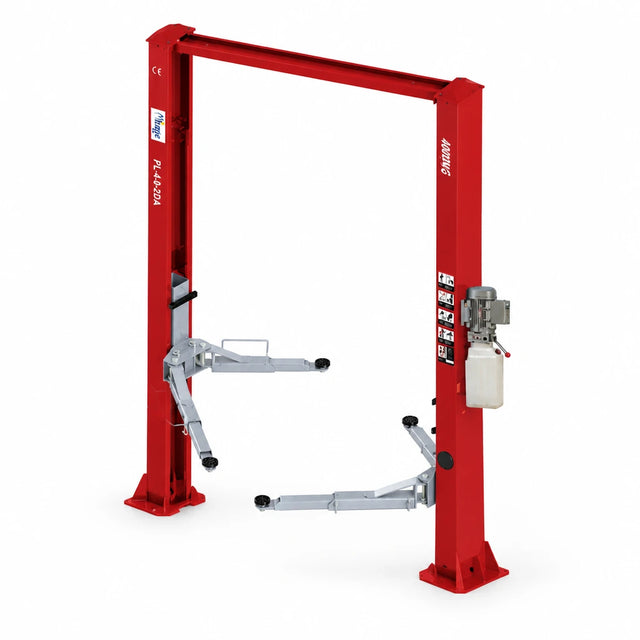 Mirage PL-4.0-2DA red 4-ton clear-floor two-post vehicle lift with overhead crossbeam and control unit on white background