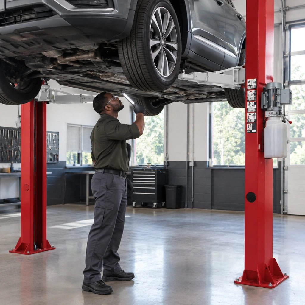 Automotive technician inspecting a raised vehicle beneath the Mirage PL-4.0-2DA two-post lift in a professional garage