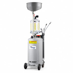 Mirage HC-2097 pneumatic waste-oil extractor with wheeled tank, transparent level chamber, funnel, hoses and suction probes on white background