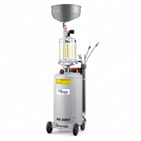 Mirage HC-2097 pneumatic waste-oil extractor with wheeled tank, transparent level chamber, funnel, hoses and suction probes on white background