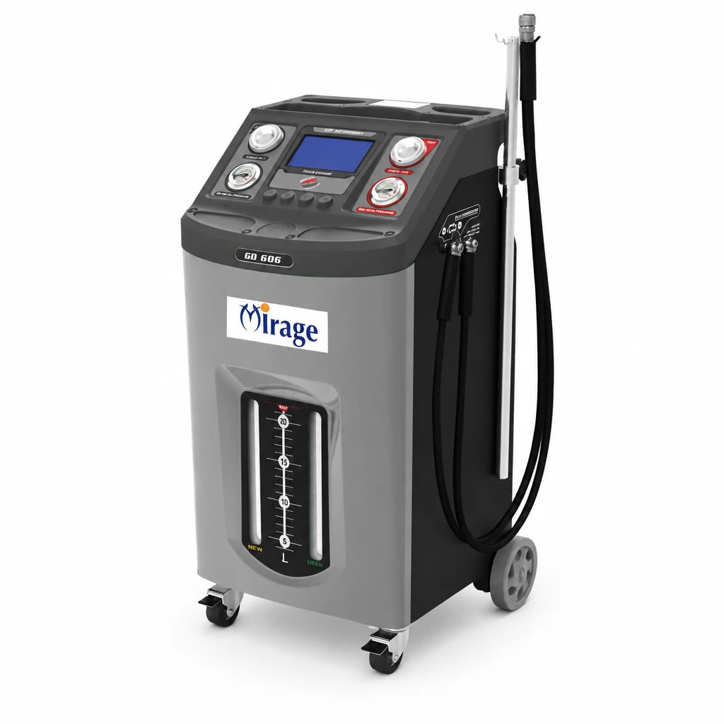 Mirage GD-606 automatic transmission fluid exchanger with digital control panel, gauges, hoses and wheeled 20L cabinet on white background