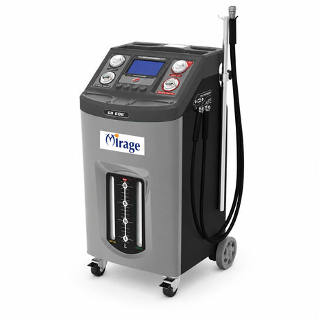 Mirage GD-606 automatic transmission fluid exchanger with digital control panel, gauges, hoses and wheeled 20L cabinet on white background