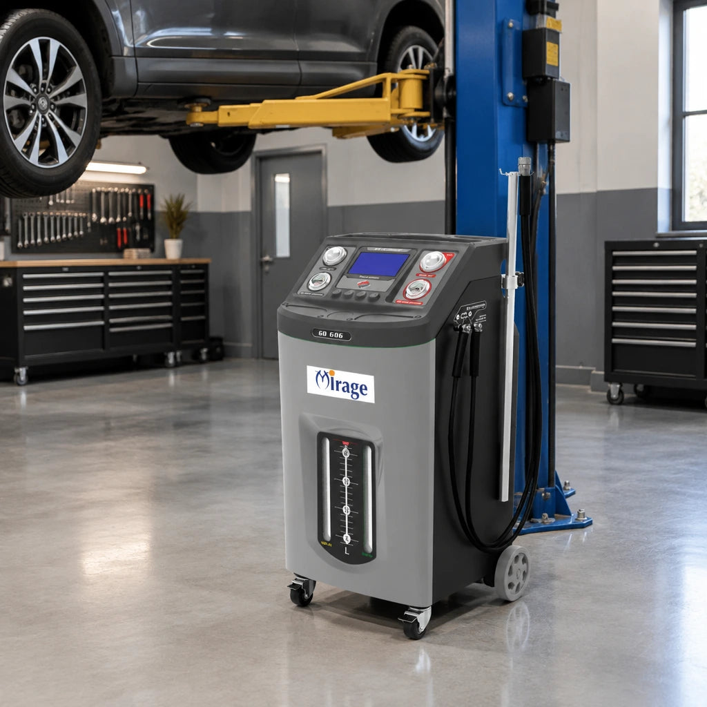Mirage GD-606 transmission fluid exchanger parked beside a vehicle lift in a clean specialist automotive workshop