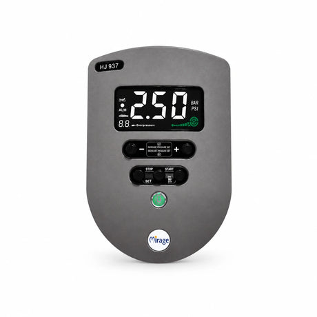 Mirage HJ937 wall-mounted automatic tyre inflator with digital pressure display and control buttons on a white background