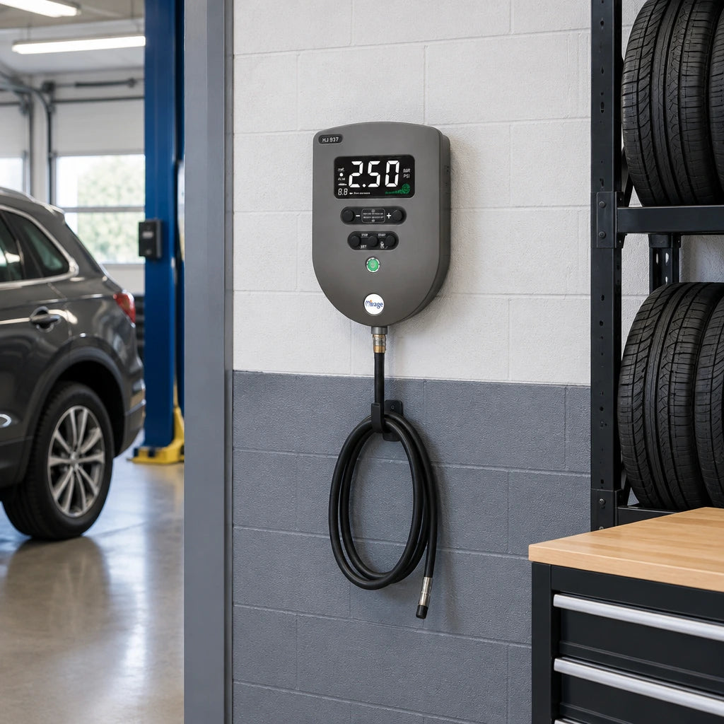 Mirage HJ937 automatic tyre inflator mounted on the wall of a clean professional tyre-service bay
