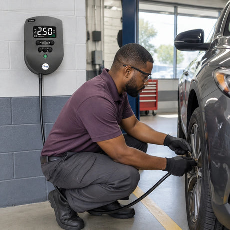 Technician using a wall-mounted Mirage HJ937 automatic tyre inflator to correct a passenger-car tyre’s pressure