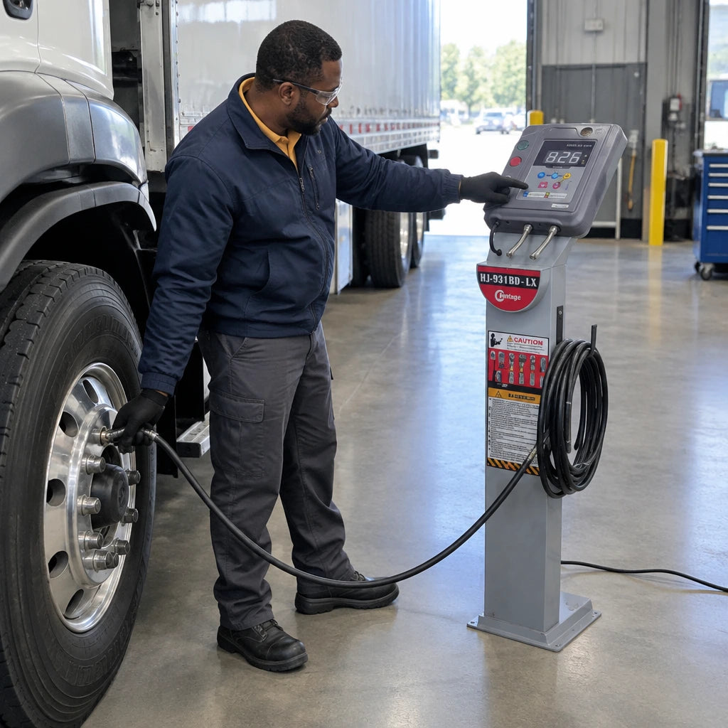 Fleet technician uses the Mirage HJ-931BD-LX automatic inflator to correct pressure on a delivery truck tyre
