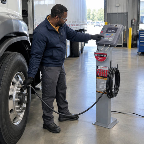 Fleet technician uses the Mirage HJ-931BD-LX automatic inflator to correct pressure on a delivery truck tyre