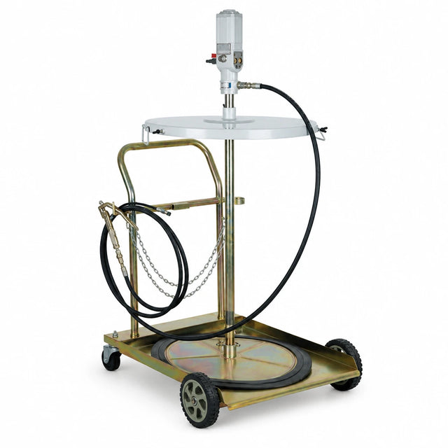 Mirage 61501940 mobile pneumatic grease pump unit with trolley, follow plate, hose and dispensing gun on white background