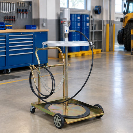 Mirage mobile grease pump trolley parked in an organised industrial maintenance bay with its hose and gun secured
