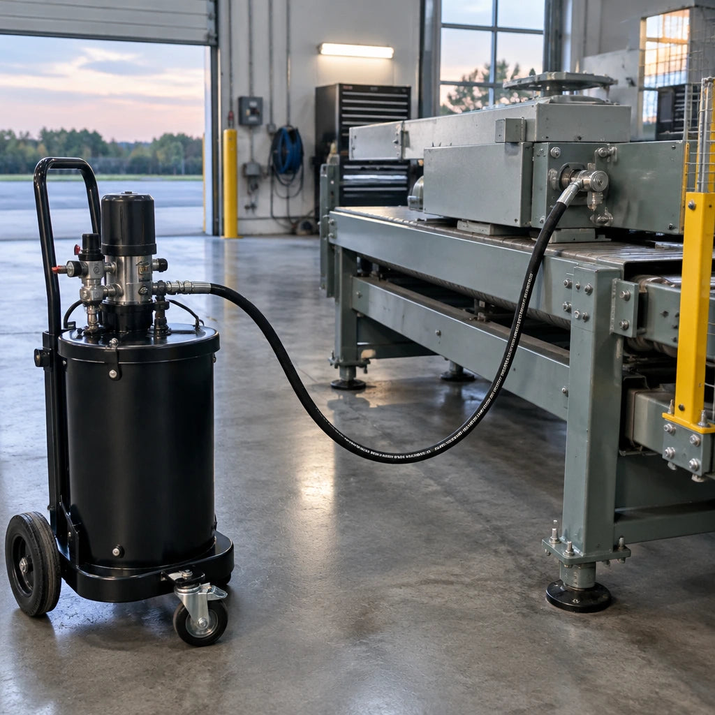 Serviced workshop machinery with Mirage replacement grease hose connected to a parked mobile grease pump