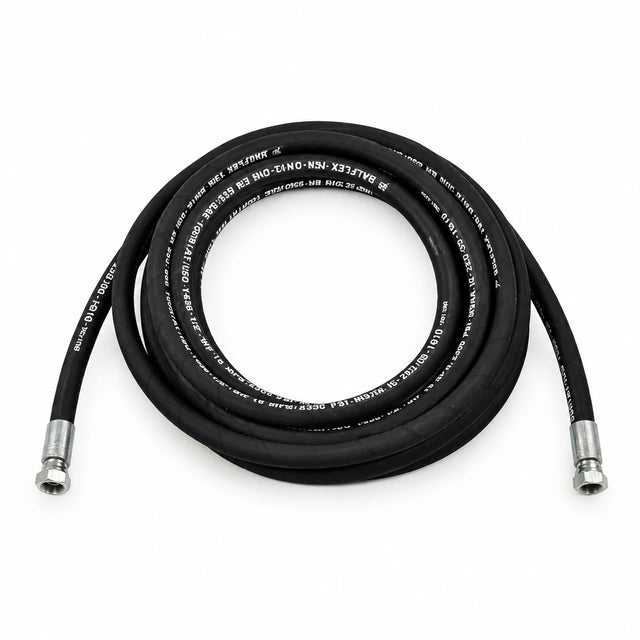 Mirage replacement grease hose 60781408 coiled with metal threaded fittings on white background