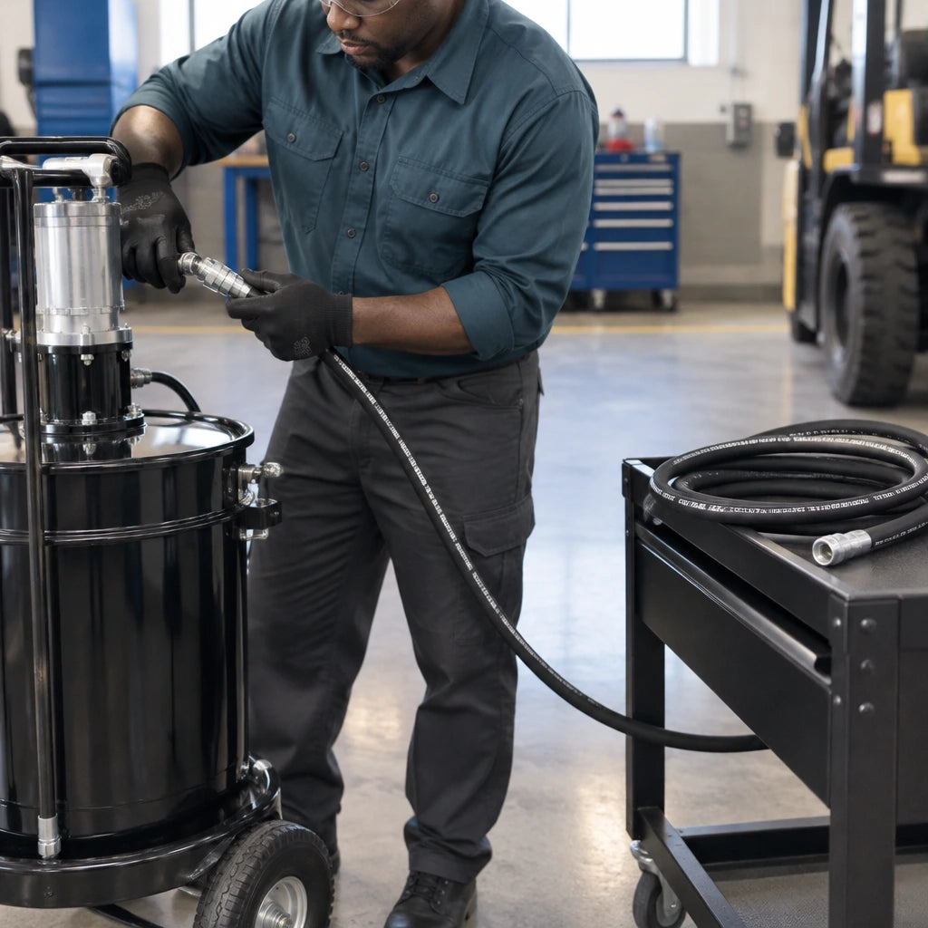 Technician fitting a Mirage replacement grease hose to a mobile grease pump in a clean maintenance bay