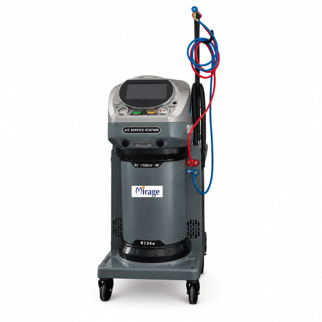 Mirage AC756UC-10 fully automatic R134a automotive air-conditioning service station with red and blue hoses on a wheeled trolley.