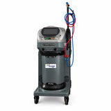 Mirage AC756UC-10 fully automatic R134a automotive air-conditioning service station with red and blue hoses on a wheeled trolley.