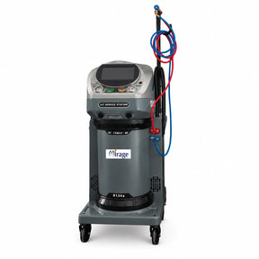 Mirage AC756UC-10 fully automatic R134a automotive air-conditioning service station with red and blue hoses on a wheeled trolley.