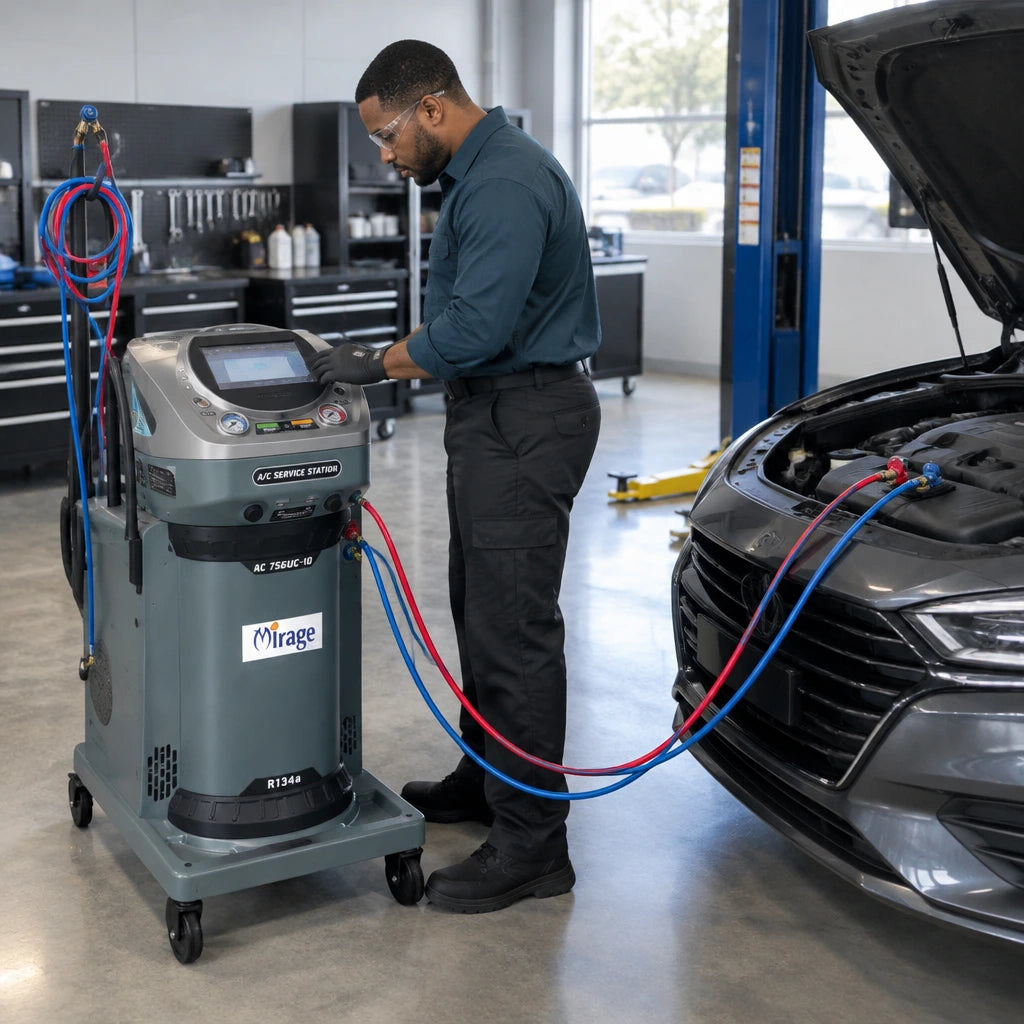 Automotive technician monitors a Mirage AC756UC-10 R134a service station connected to a passenger vehicle during A/C maintenance.