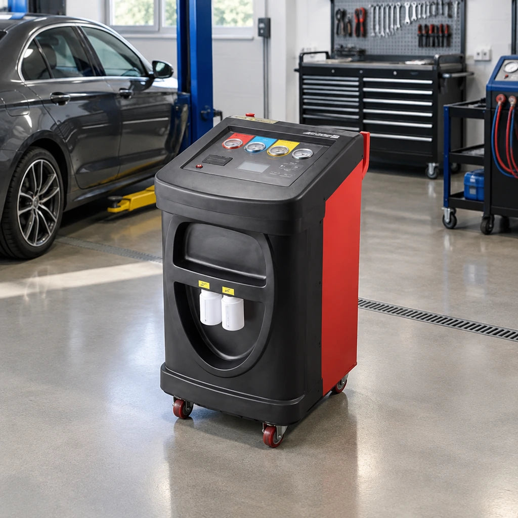 Mirage PL-AC300B refrigerant service machine parked in an organised automotive air-conditioning workshop