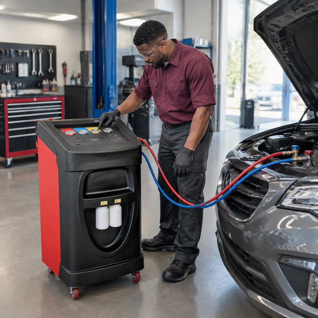African American automotive technician operating a Mirage PL-AC300B during R134a vehicle air-conditioning service