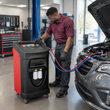African American automotive technician operating a Mirage PL-AC300B during R134a vehicle air-conditioning service