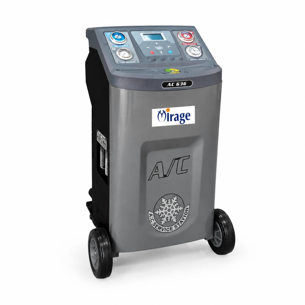 Mirage wheeled R134a automotive air-conditioning recovery and recharge machine with gauges and digital control panel on white background
