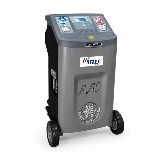 Mirage wheeled R134a automotive air-conditioning recovery and recharge machine with gauges and digital control panel on white background