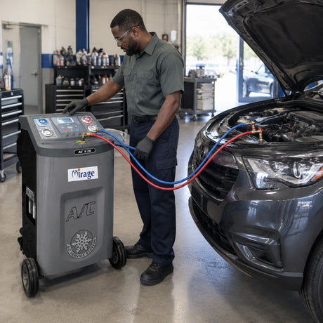 Automotive technician using the Mirage R134a recovery and recharge machine during passenger-car air-conditioning service