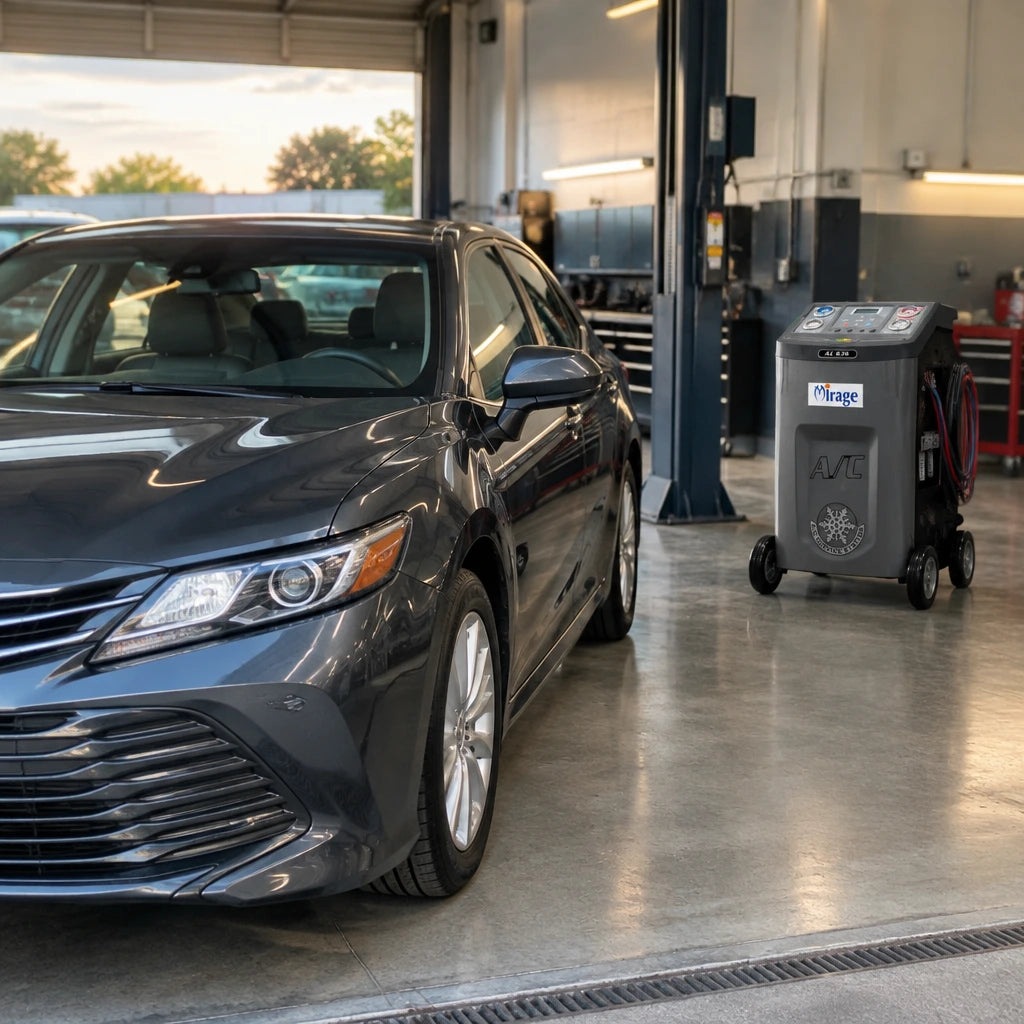 Serviced passenger vehicle ready for handover beside the inactive Mirage AC636 refrigerant recovery machine in a professional workshop.