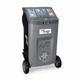 Mirage AC636 fully automatic R134a A/C recovery and recharge machine on a white background, showing its wheeled cabinet, gauges and control panel.