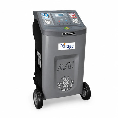 Mirage AC636 fully automatic R134a A/C recovery and recharge machine on a white background, showing its wheeled cabinet, gauges and control panel.
