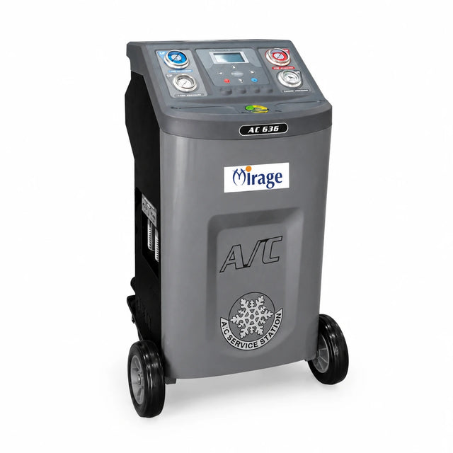 Mirage AC636 fully automatic R134a A/C recovery and recharge machine on a white background, showing its wheeled cabinet, gauges and control panel.